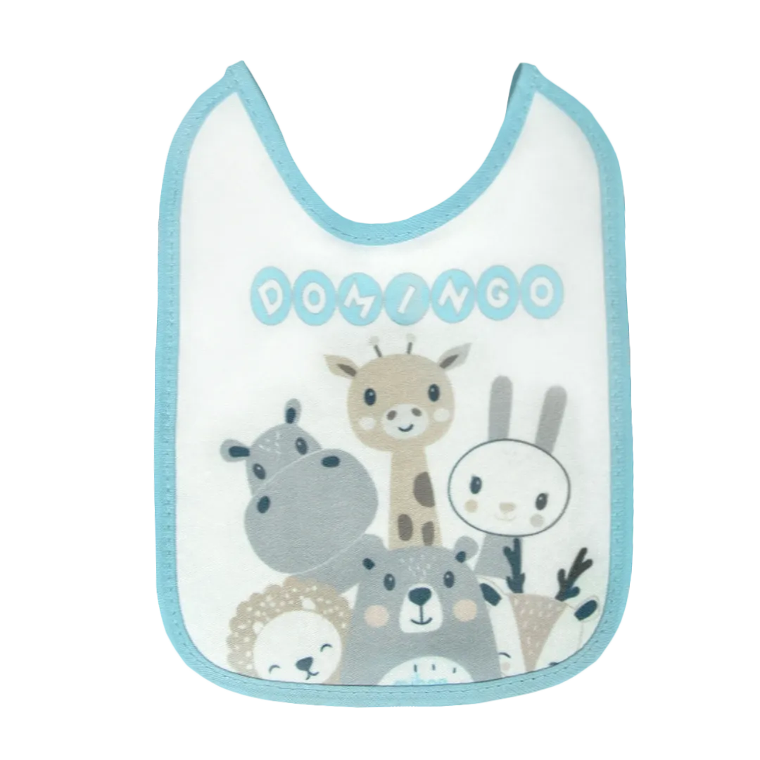 1003015 - Pack x 7 baberos chicos con tira, sublimados "Caritas Animales".
