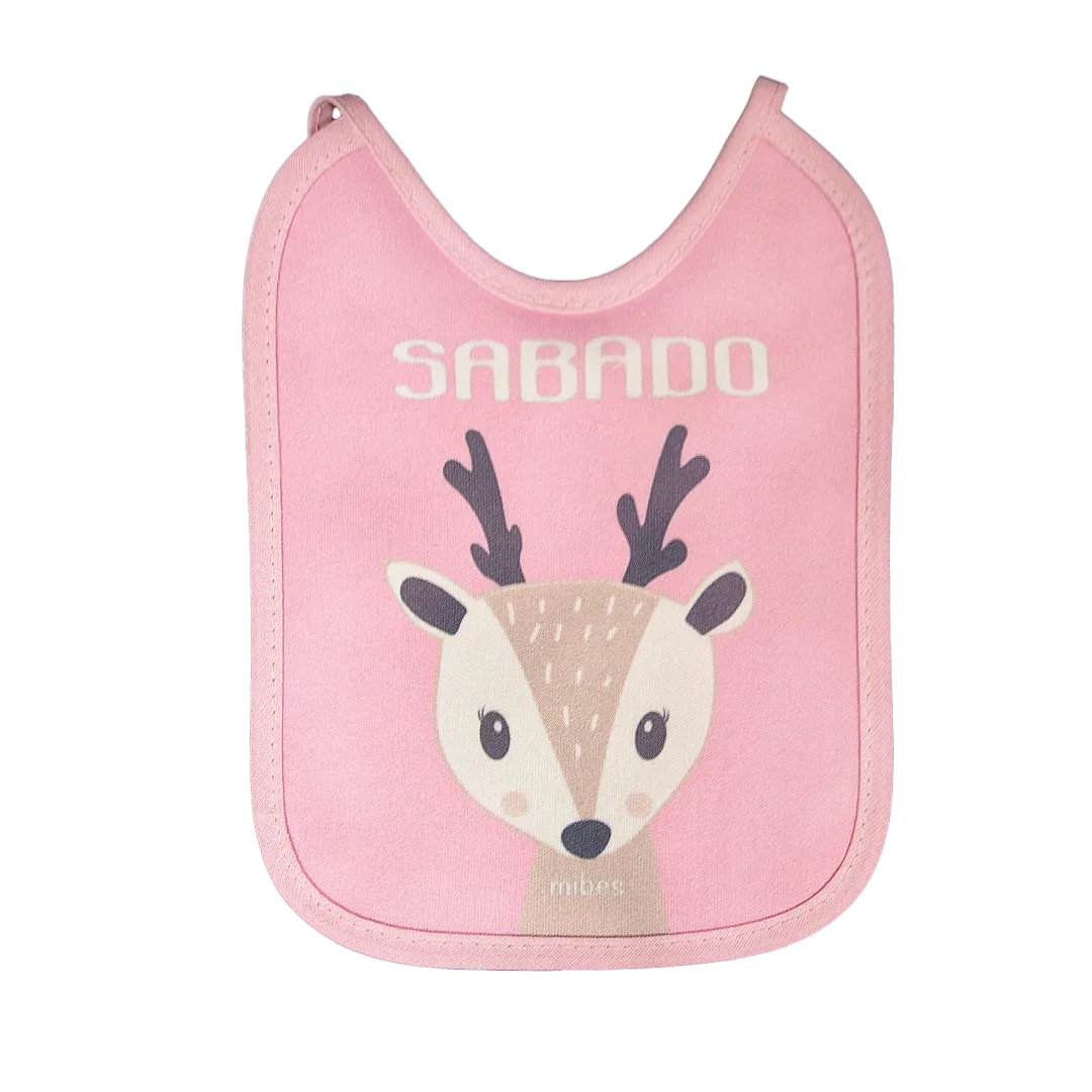 1003015 - Pack x 7 baberos chicos con tira, sublimados "Caritas Animales".
